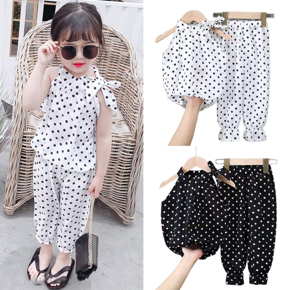 Completi senza maniche per bambini T-shirt a pois per bambina Pantaloni Set Pantaloni estivi sottili larghi per bambini