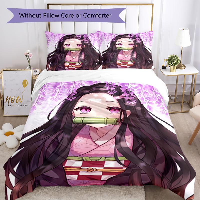 3pcs Demon Slayer Nezuko Pattern Bedding Set Duvet Cover Set Includes Duvet Cover &pillowcases, Perfect All Season Bedroom Decoration & Gift