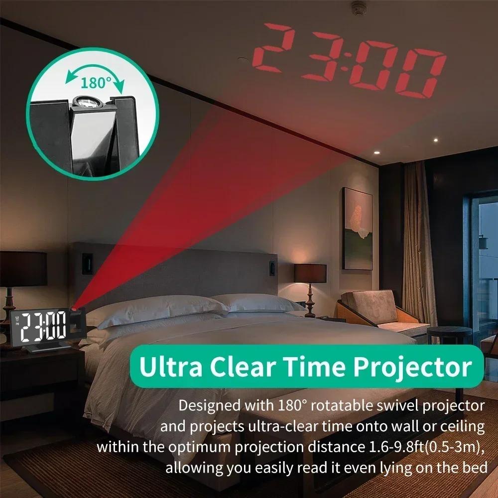 180° Rotation Projection with Time Temperature Digital Snooze Table Clock 12/24H USB Projector LED Clock