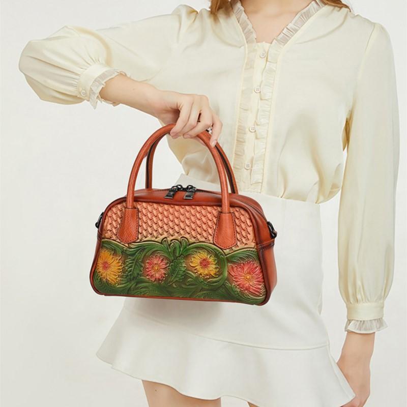 Johnature Ethnic Style Genuine Leather Retro Handbag Handmade Leather Carving Women's Shoulder Crossbody Bags