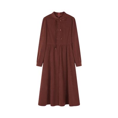 New Spring Retro Chinese Style Buckle Stand-up Collar Puff Sleeve Mid-length Dress Looks White and High-waisted and Slimming Skirt