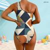 Women Plus Size One Shoulder Asymmetric Neck Abstract Printed One Piece Swimsuit