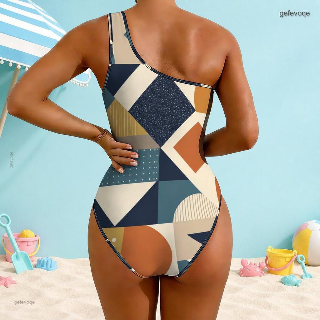 Women Plus Size One Shoulder Asymmetric Neck Abstract Printed One Piece Swimsuit