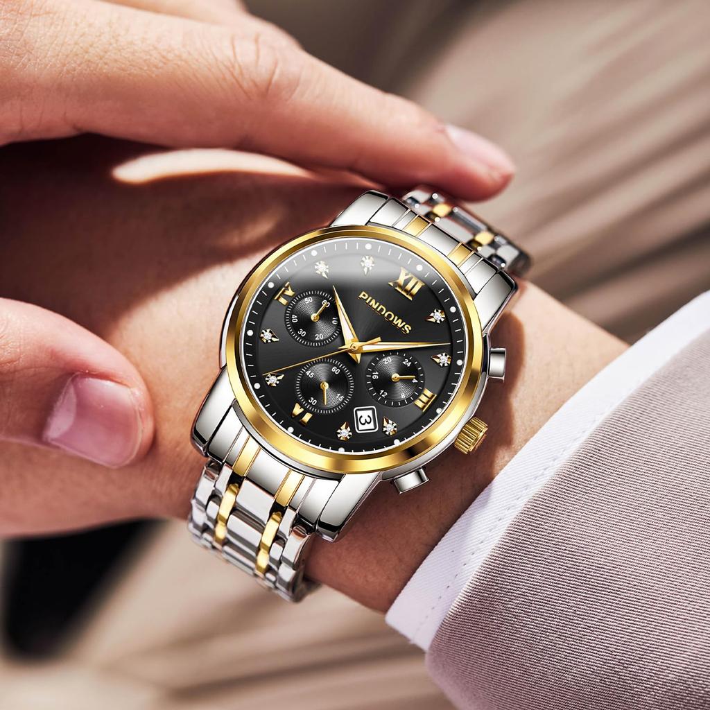 PINDOWS Diamond Business Dress Analog Quartz Luxury Waterproof Luminous Date Stainless Steel Classic Fashion Watch Men's Watch, Display, Two-Tone