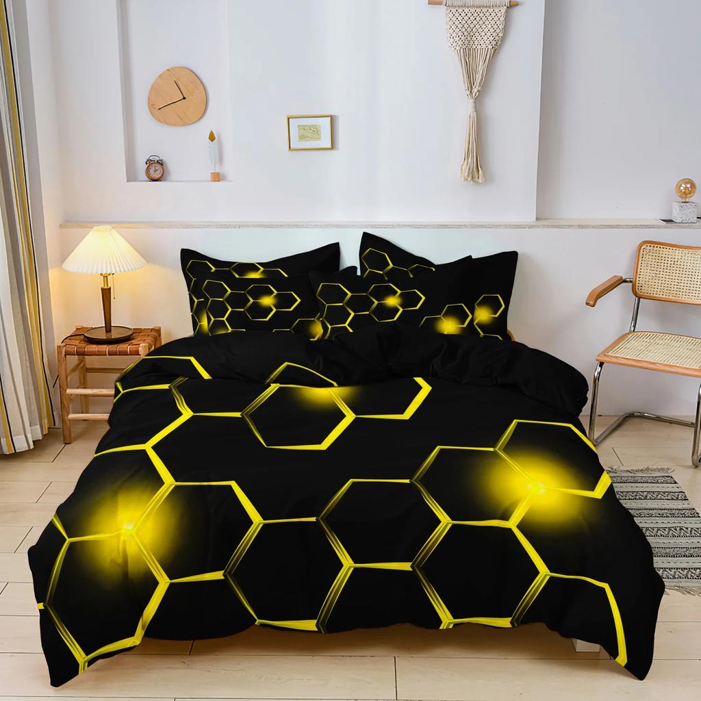 3 Pieces Geometric Bedding Set 3D Hexagonal Honeycomb Pattern Duvet Cover Set Digital Print Polyester Fabric Design Pattern
