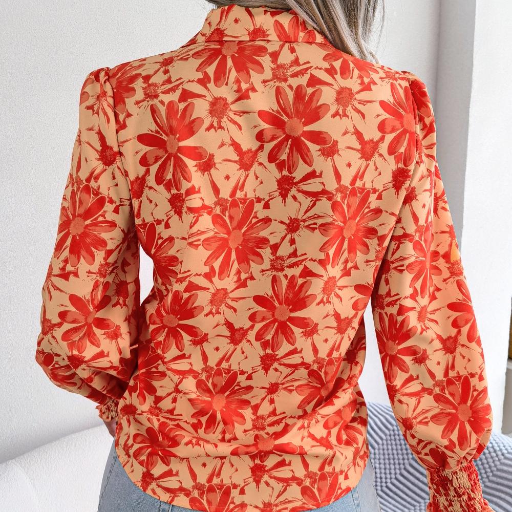 GMXIA Camicette con risvolto a maniche lunghe con stampa floreale estiva casual alla moda da donna e camicie con fiori a contrasto di colore con maniche a lanterna