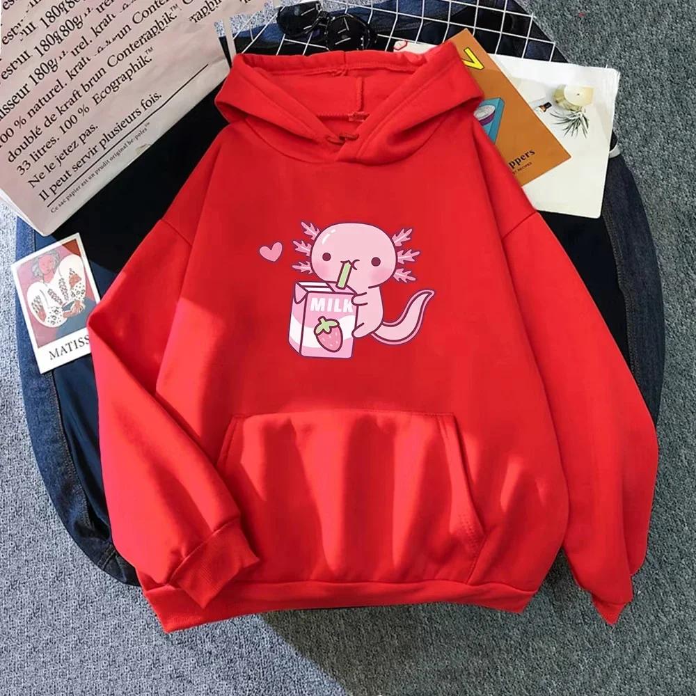 Anime Axolotl loves strawberry milk printed sweatshirts, Kawaii sweatshirts, winter and autumn unisex sportswear tops