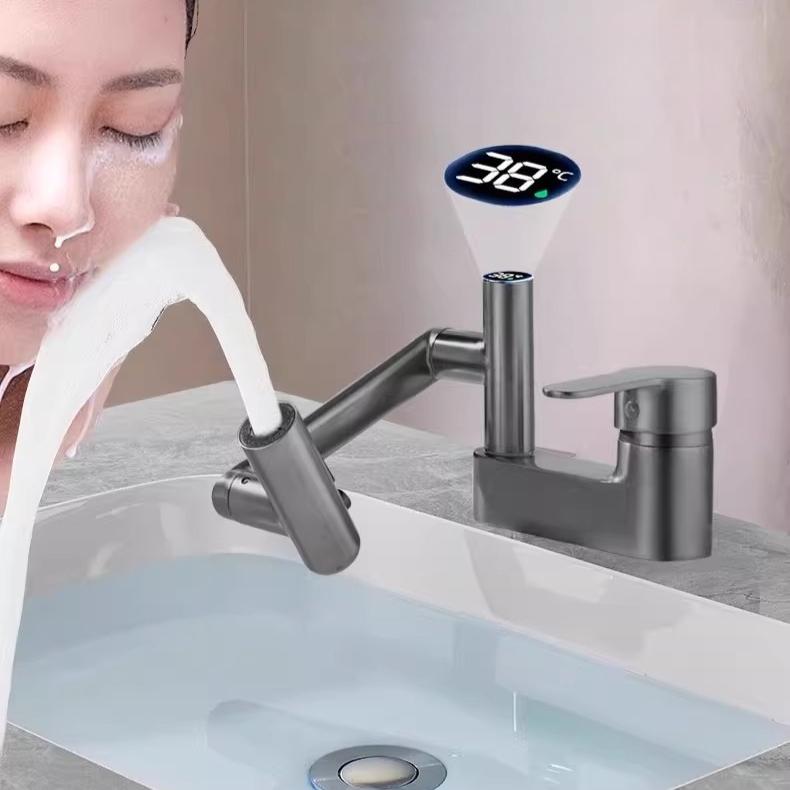 Washbasin Faucet Bathroom Multi-functional Mechanical Arm Cold and Hot Water Tap Digital Display Household Universal Rotation
