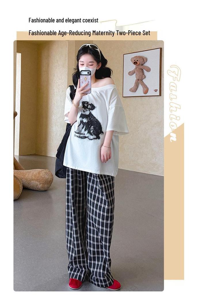 2026 Summer Maternity Set: Loose One-Shoulder Cotton Tee + Plaid Pants