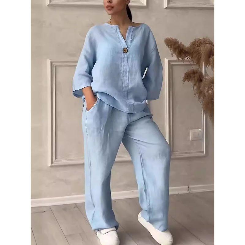 

Top and Pants Set New Arrival Fashion European and American Style Plaid Loose Tops Loose Pants Casual Cotton and Linen Suit Light Blue 3XL
