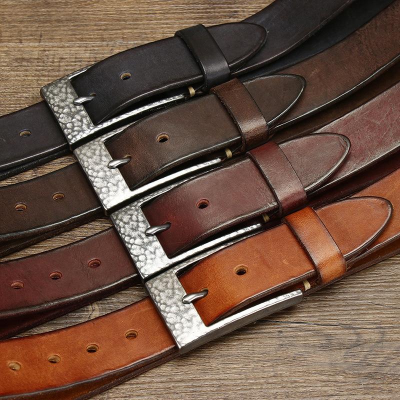 Bold And Thickened Hammer Pattern Stainless Steel Button Head Belt, Men'S Genuine Leather First Layer Cowhide Trendy Versatile Denim Belt