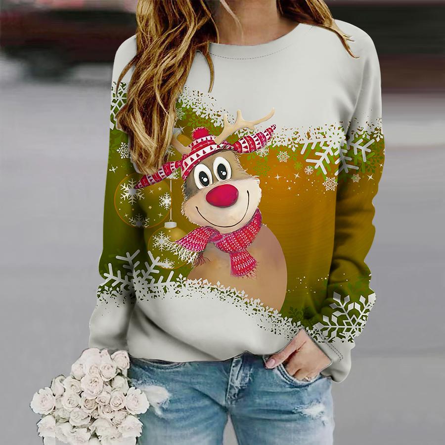 Топы для женщин с принтом улыбающегося оленя, круглым вырезом и длинным рукавом, футболка, осенний повседневный тонкий пуловер, женский топ с длинным рукавом 8XL оранжевый
