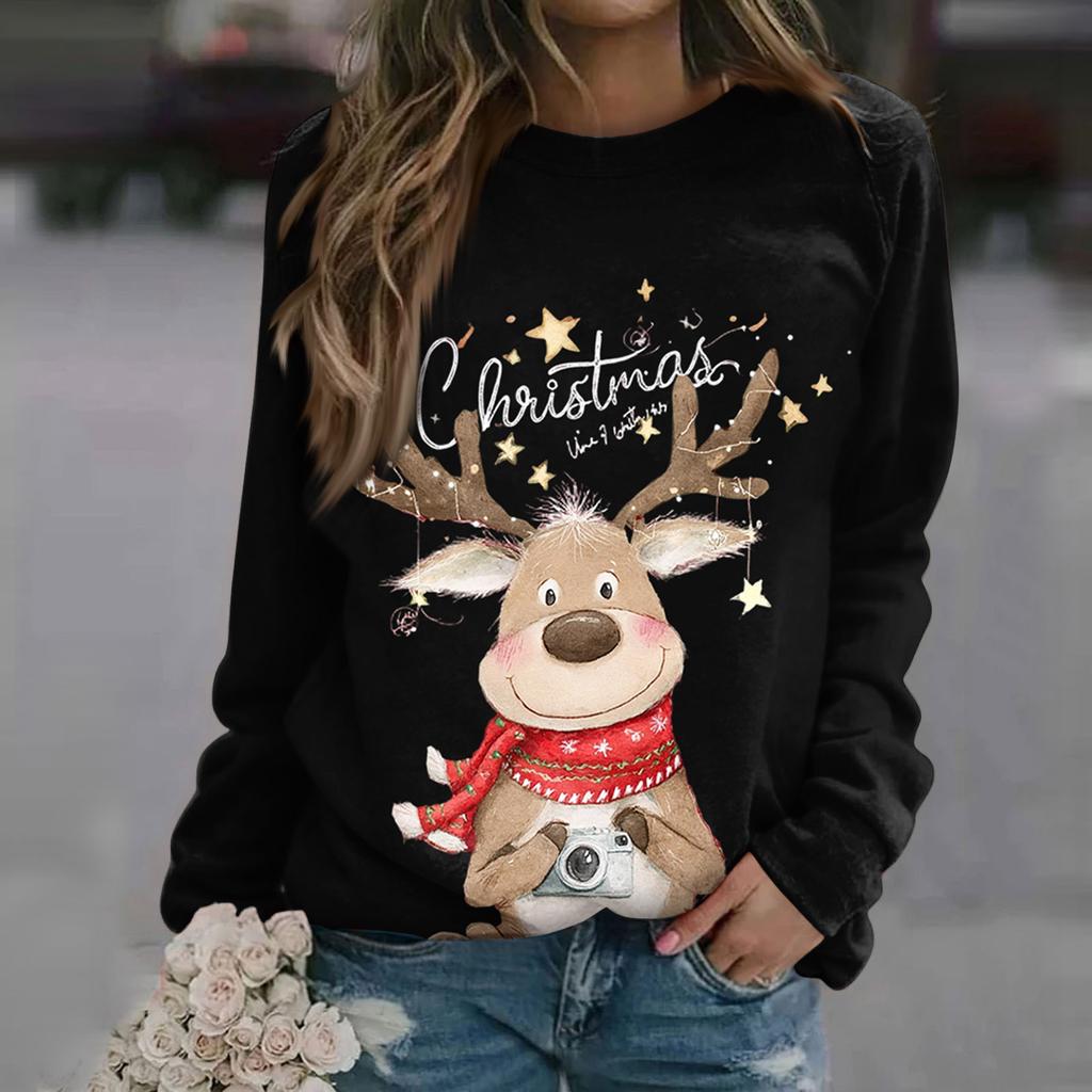 Dameoverdeler med rund hals Bomull Dame Uformelt motetrykk Langermet genser med o-hals topp bluse