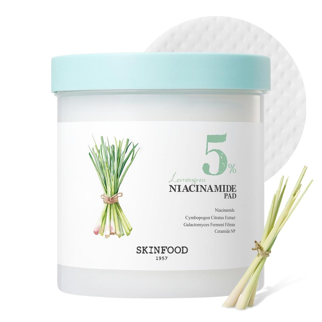 SKINFOOD Lemongrass Niacinamide 5 Pads Toner Cleansing Sensitive Sebum Trouble Korean Skin Care (250g/60 Sheets) Pads, Lotion, Skin, Hydrating,