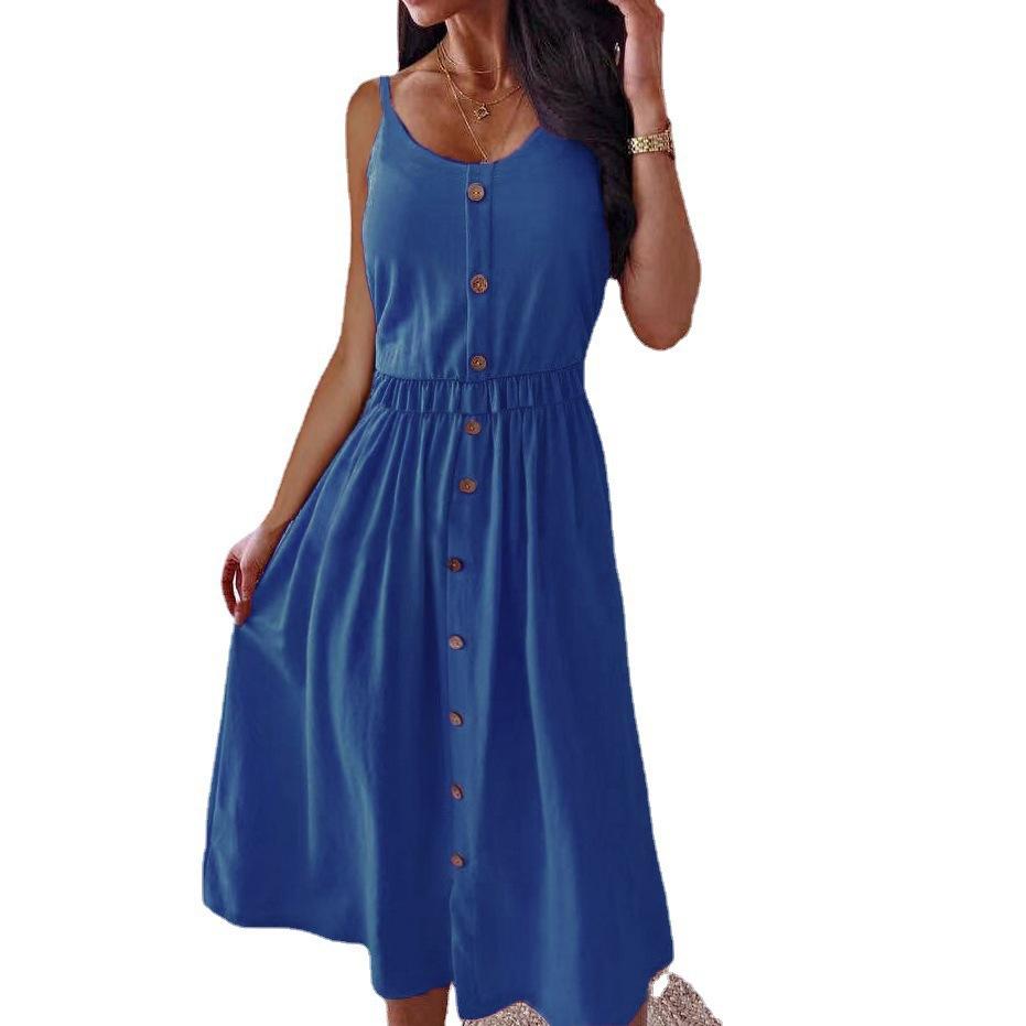 Summer Solid Colour Mid-length Dress Sexy Waist Halter Dress Plus Size Dresses  for Women
