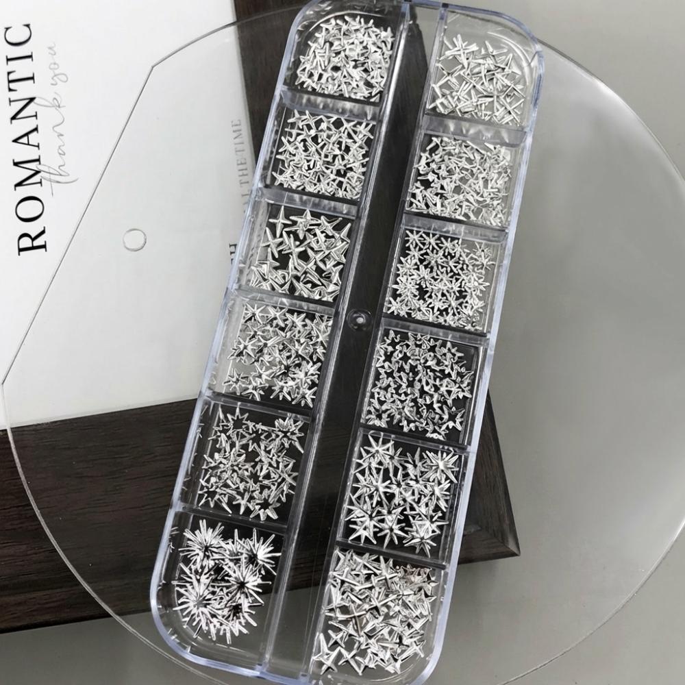 12 Grids Nail Art Charms Cross-shaped Ultra-thin Nail Art Stud Cross Star Decorations Mixed Shapes 3D Nail Art Rhinestones серебряный