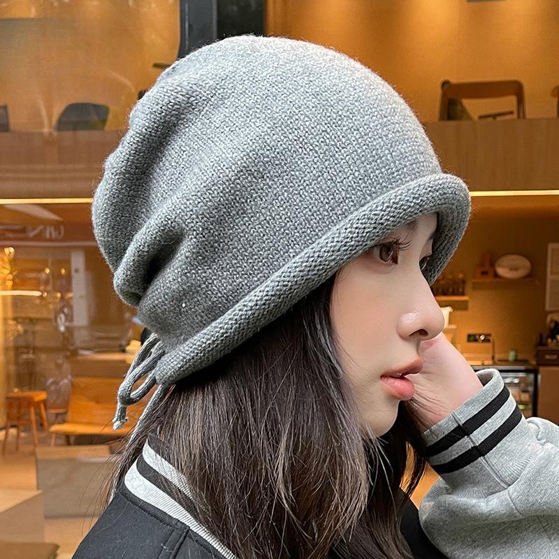 Pullover Hat Girls Drawstring Curling Lazy Wind Stacking Hat Baotou Hat Men's Solid Color Knitted Hat
