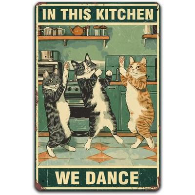 1pc Retro Vintage Metal Tin Sign - "We Dance In This Kitchen" Fun Cat Logo, Love Cooking Kitchen Wall Decor