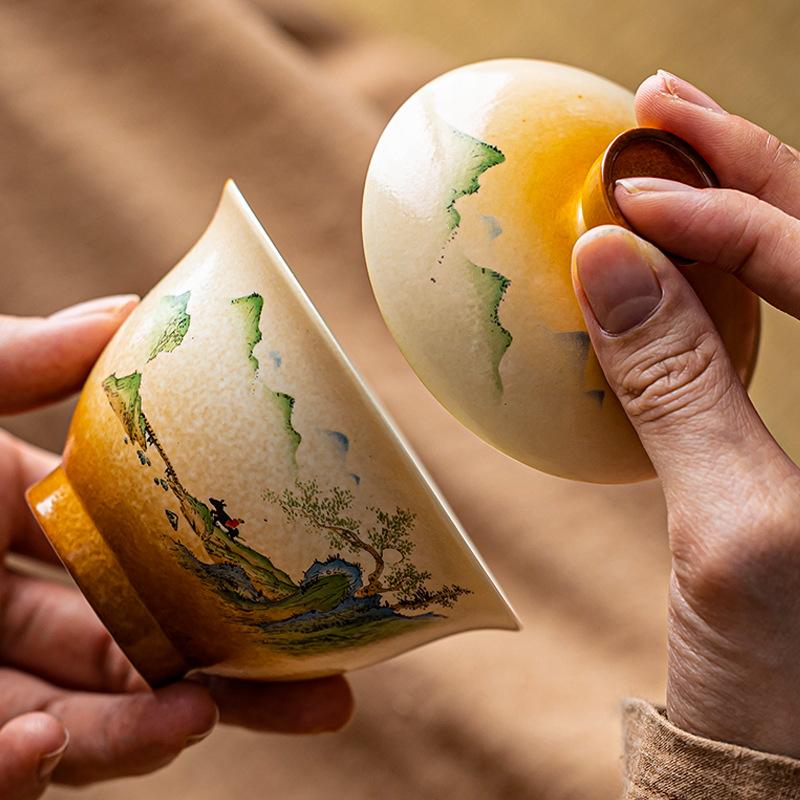 Keramisk tesett Boblekopp Kung Fu Lokkskål Lilla Gaiwan Håndmalt Kinesisk stil Landskapsmaleri Gaiwan Suppeterrin Bar