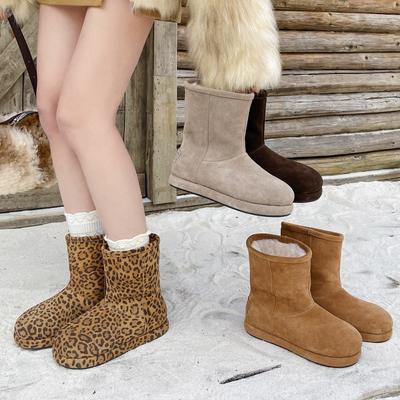 Leopard Print Cowhide Velvet Snow Boots Women's 2025 Winter New Warm Non-slip Cotton Shoes Platform Fashion Medium Tube Short Boots