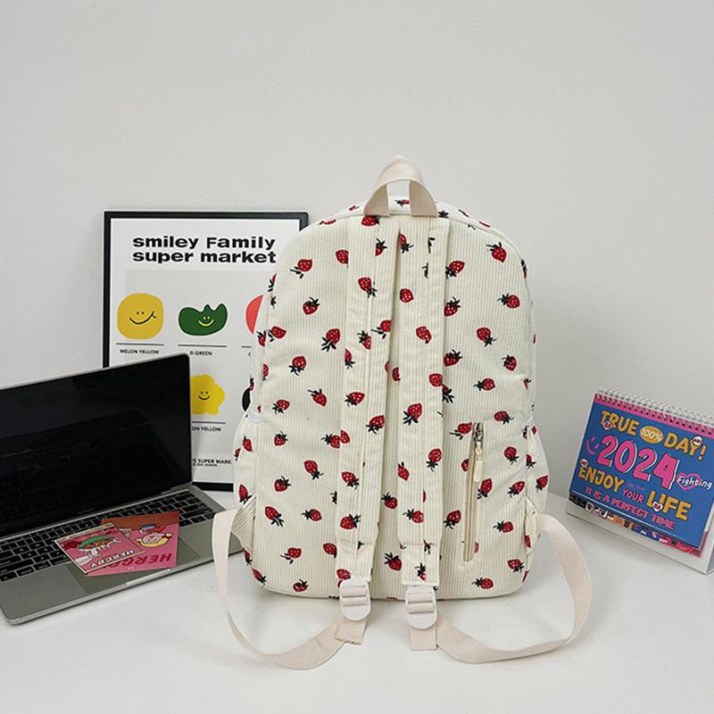 Cord Rucksack mit Erdbeermuster Lässiger Reiserucksack Große Kapazität Mode Teenager Tagesrucksack Verstellbarer Riemen für Outdoor-Reisen AVE