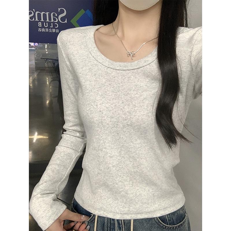 Milk apricot round neck front shoulder long-sleeved shirt women's top spring slim-fitting and thin inner small bottoming shirt