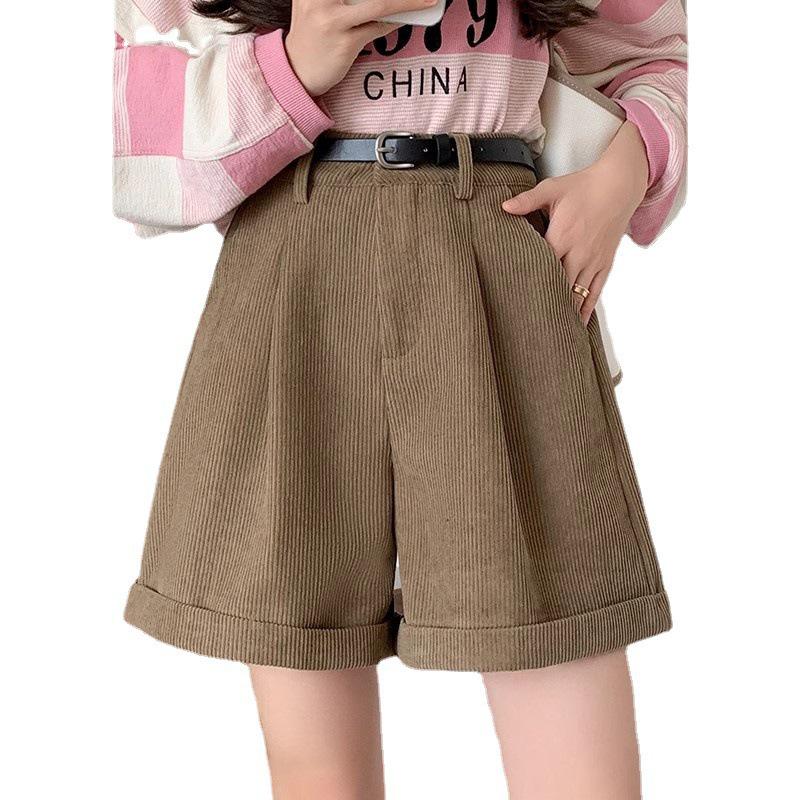 Maillard Coffee Corduroy High-Waist A-Line Shorts for Women - Autumn/Winter