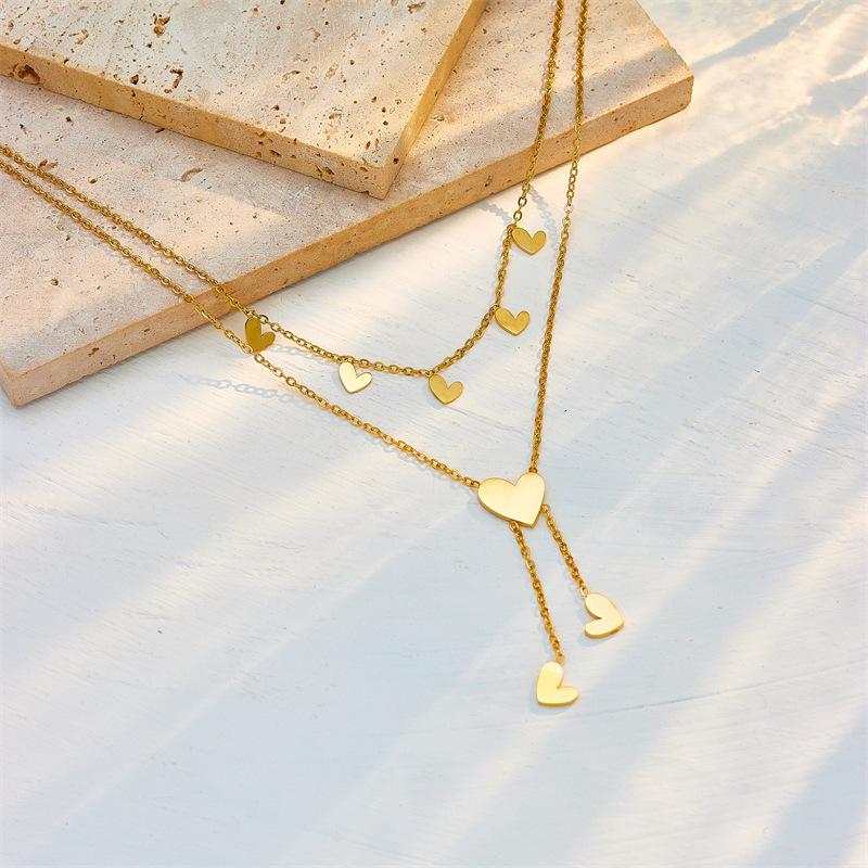 Minimalist Fashion Heart Tassel Irregular Double Layer Titanium Steel Necklace