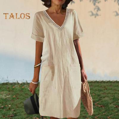 Zomer vrouwen jurk V-hals korte mouwen hoge taille zijzakken effen kleur knielengte losse casual dagelijkse slijtage midi-jurk
