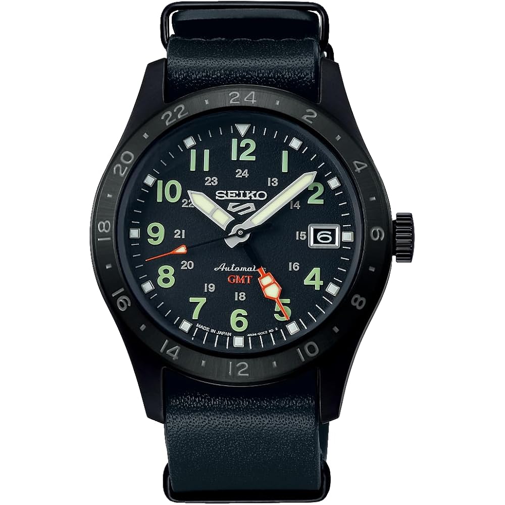 

Seiko 5 Sports SBSC013 Men s Mechanical Automatic Watch GMT Function Date Calendar Field Series All Black Leather Strap Black Dial Stainless Steel