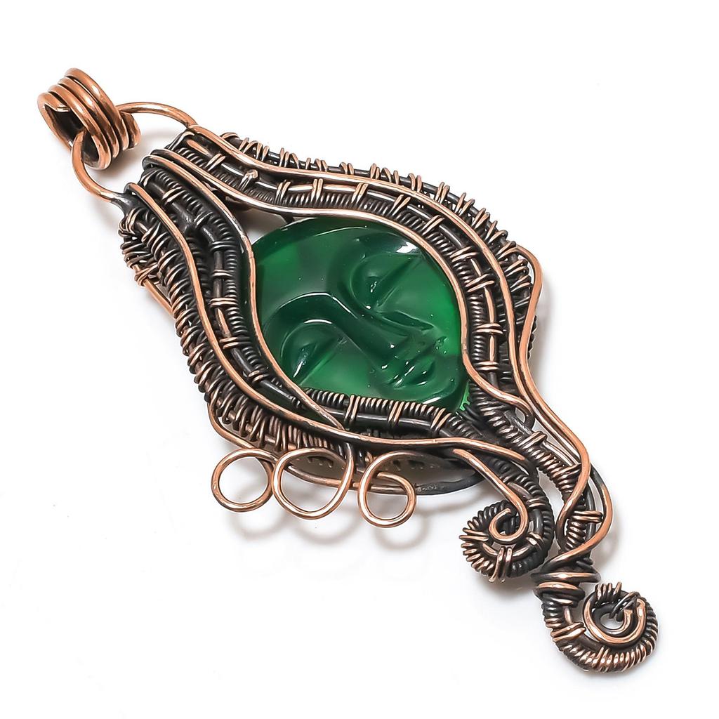 Lady Face Green Onyx Pendant Handmade Gemstone Jewelry, 999 Copper Wire Wrapped Pendant Unique Design Jewelry