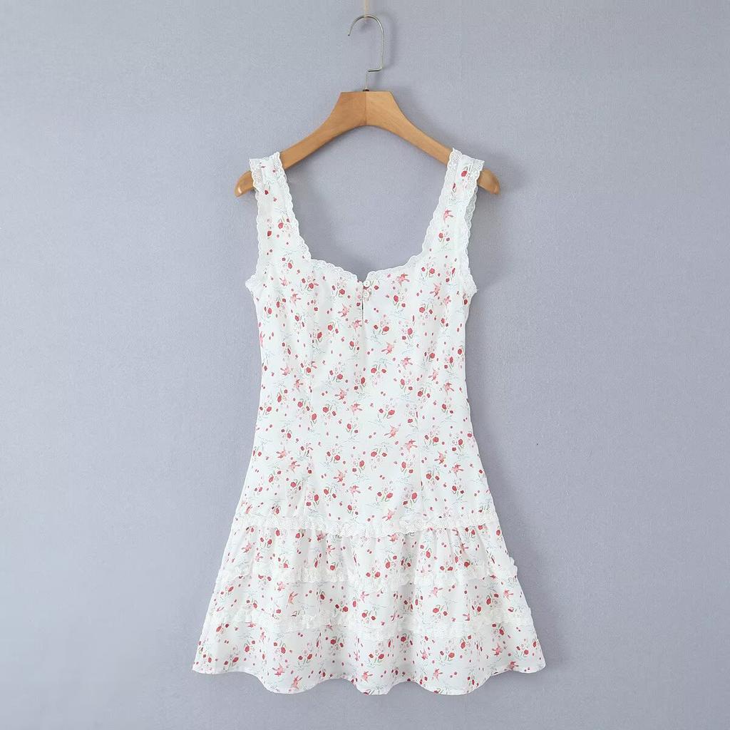Französischer Urlaubsstil sexy Taille dünn Druckrock kurzer Rock Frühling und Sommer neues Spitzen-Trägerkleid