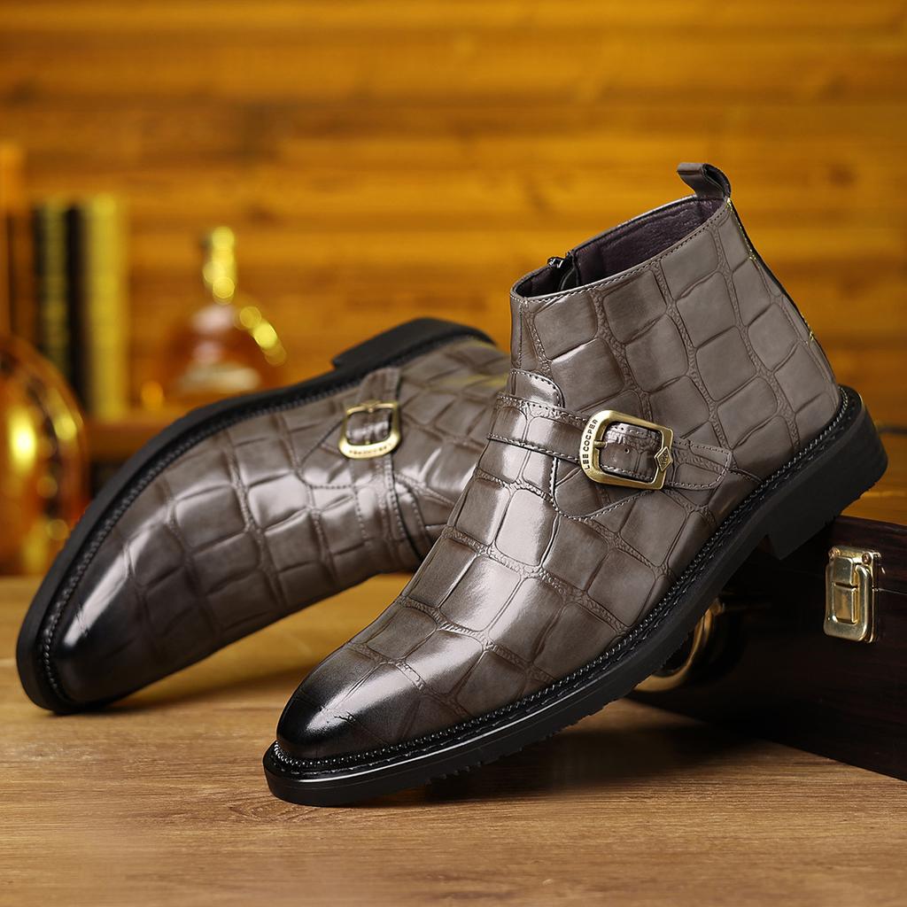 FashionBig Size Stone Pattern Casual Dress Boots for Men Fashion Autumn Winter Belt Buckle Leather Shoes Male Designer Ankle Boots Men