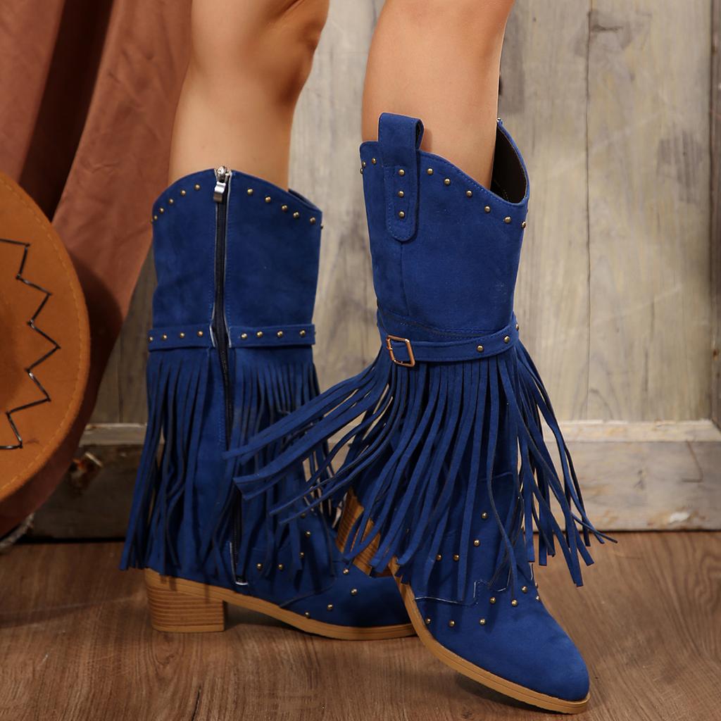 Fashion Aphixta Blue Fringe Dec Pointed Toe Knee Boots Women Winter Autumn Shoes Side Zip Med Heels Women Boots Big Size 43