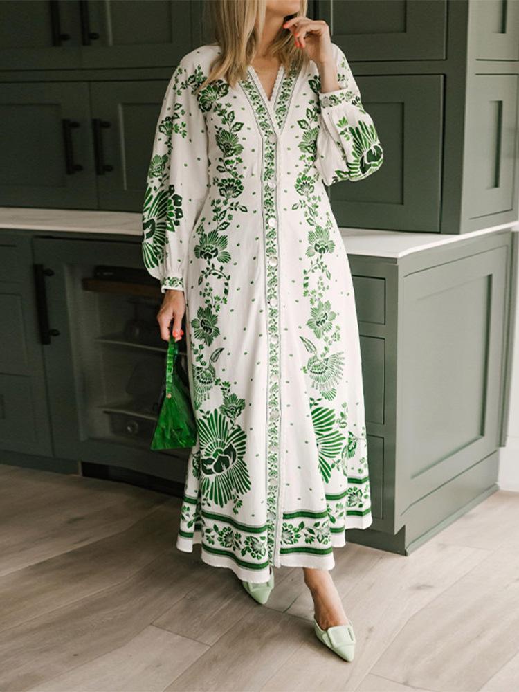 

Элегантные платья с зеленым принтом от Frence Chic, женские модные цветочные платья с длинными рукавами и поясом, новый дизайн, нежное платье для отпуска в стиле ретро L зелёный