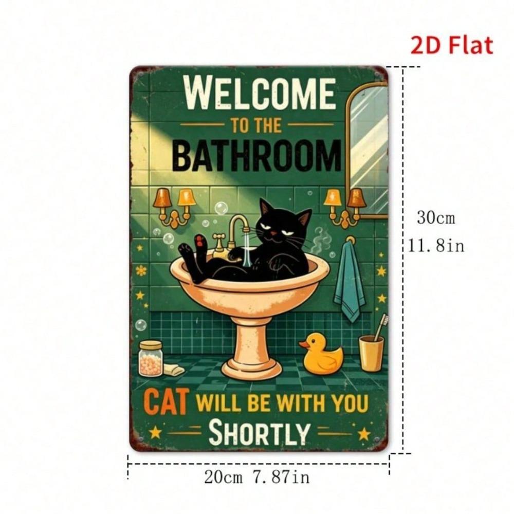 Vintage Black Cat Tin Sign, Funny Bathroom Decor, Restroom Plaque, Retro Rustic Bathtub Art
