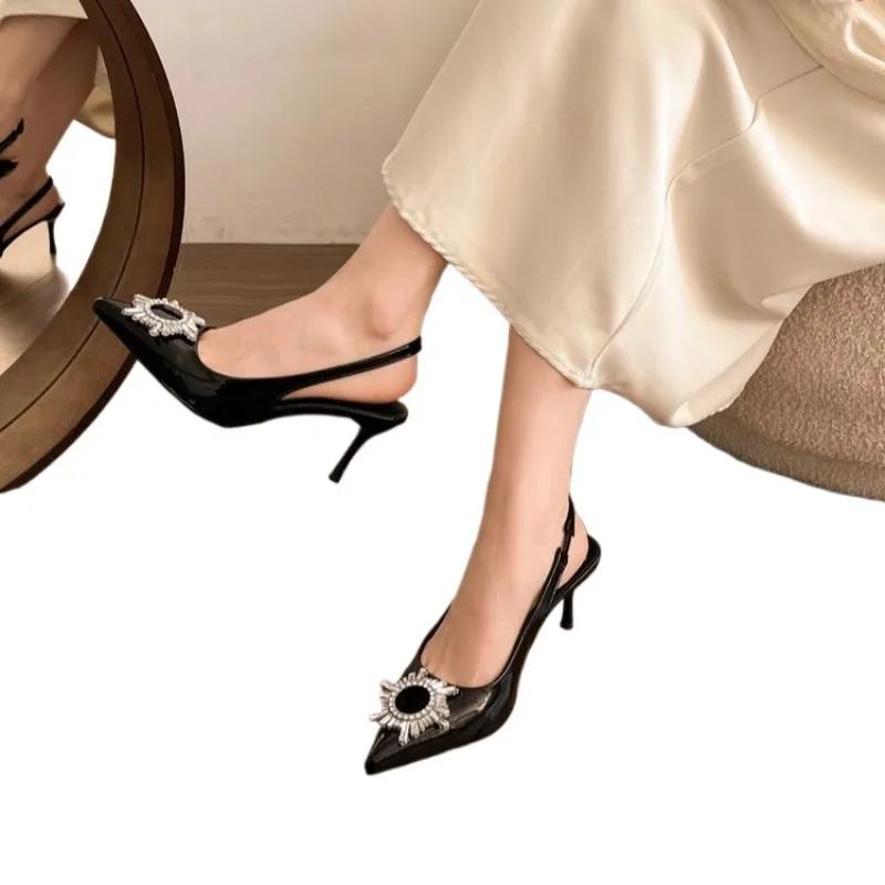 Fashion Ladies Shoes 2025 New Summer Pointed Toe Shallow Women's Sandals Classics Slip on Thin Heel Crystal Fashion Dress Heeled Sandals