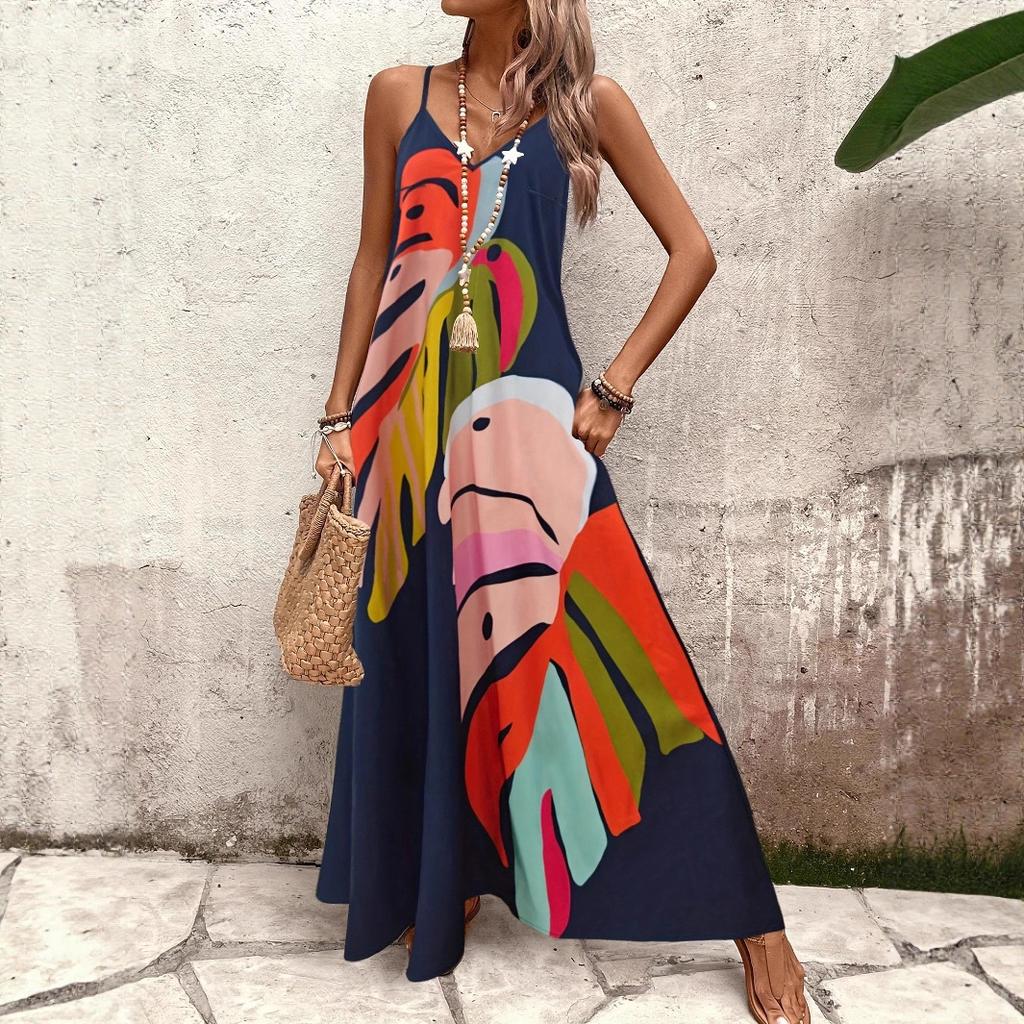 Women's V Neck Sleeveless Abstract Print Maxi Dress Loose Casual Summer Beach Long Sundress