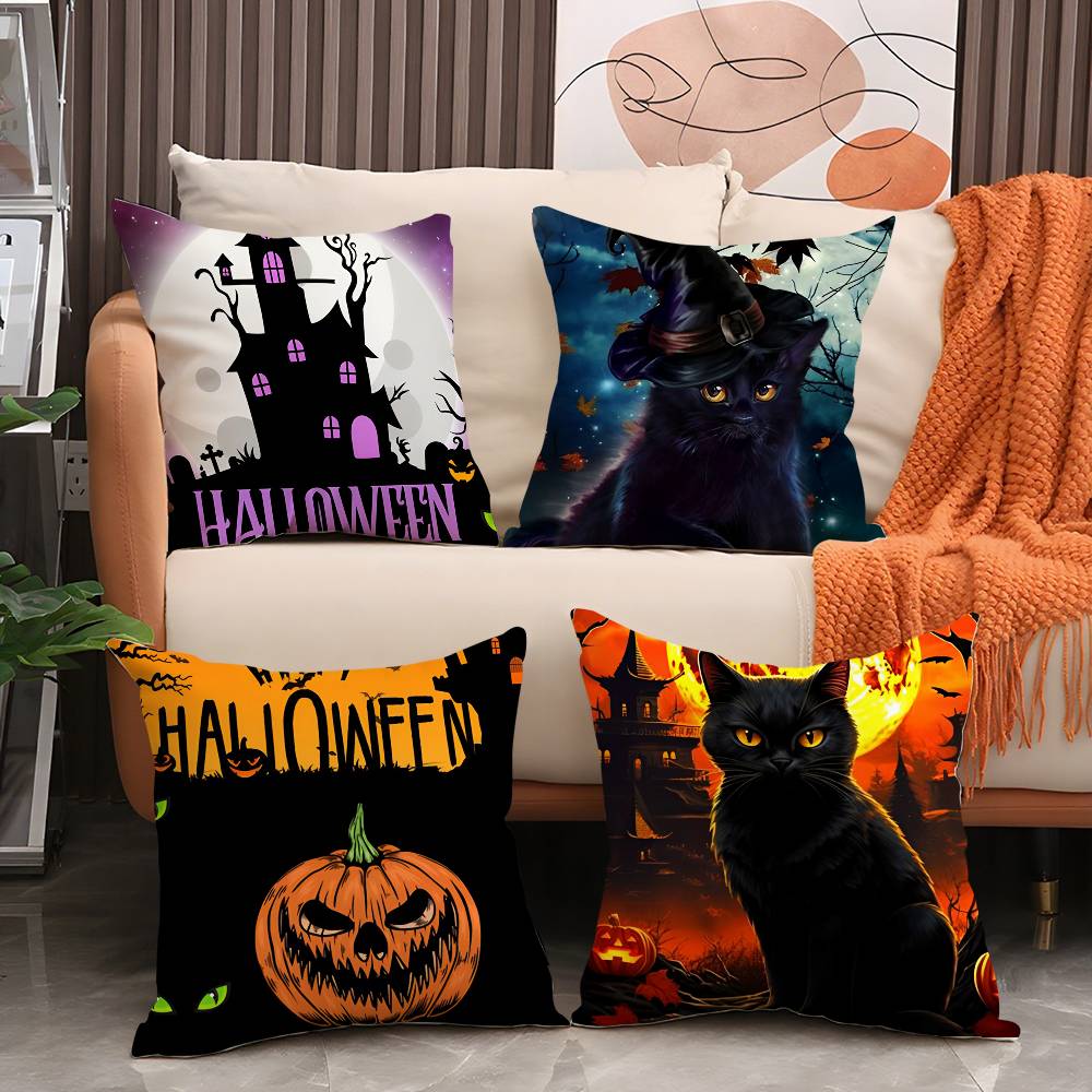 Cute Halloween Kitten Spooky Pillow Case Short Plush Double-Sided Print Square Throw Pillow Covers Sofa Home Cushion Decor