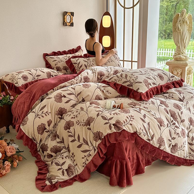 Four-Piece Set Of Thickened Milk Fleece On The Bed, High-Grade Warm Bed Sheet Quilt Cover, Coral Fleece Quilt Cover