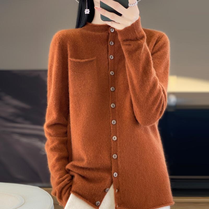 100% Merino Wool Women's Sweater Cardigan Fashion Crewneck High Quality Crimped Knit Sweater Pure Color Pocket Loose Sweater