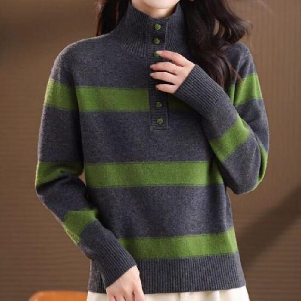 Navava Casual Color Block Striped Collar Long Sleeve Knit Top Nk3546