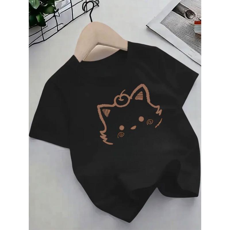 European Sizes Girls' Cute Shiba Inu-like Cat-Ear T-Shirt - Summer Short Sleeve Round Neck Top with Smiling Puppy-like Face Print