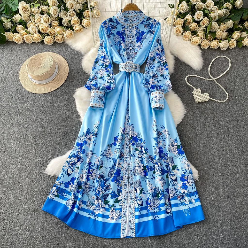 Spring Autumn Women Vintage Print Runway Dresses Stand Full Sleeve Single Breasted Long Maxi Holiday Party Dress With Belt