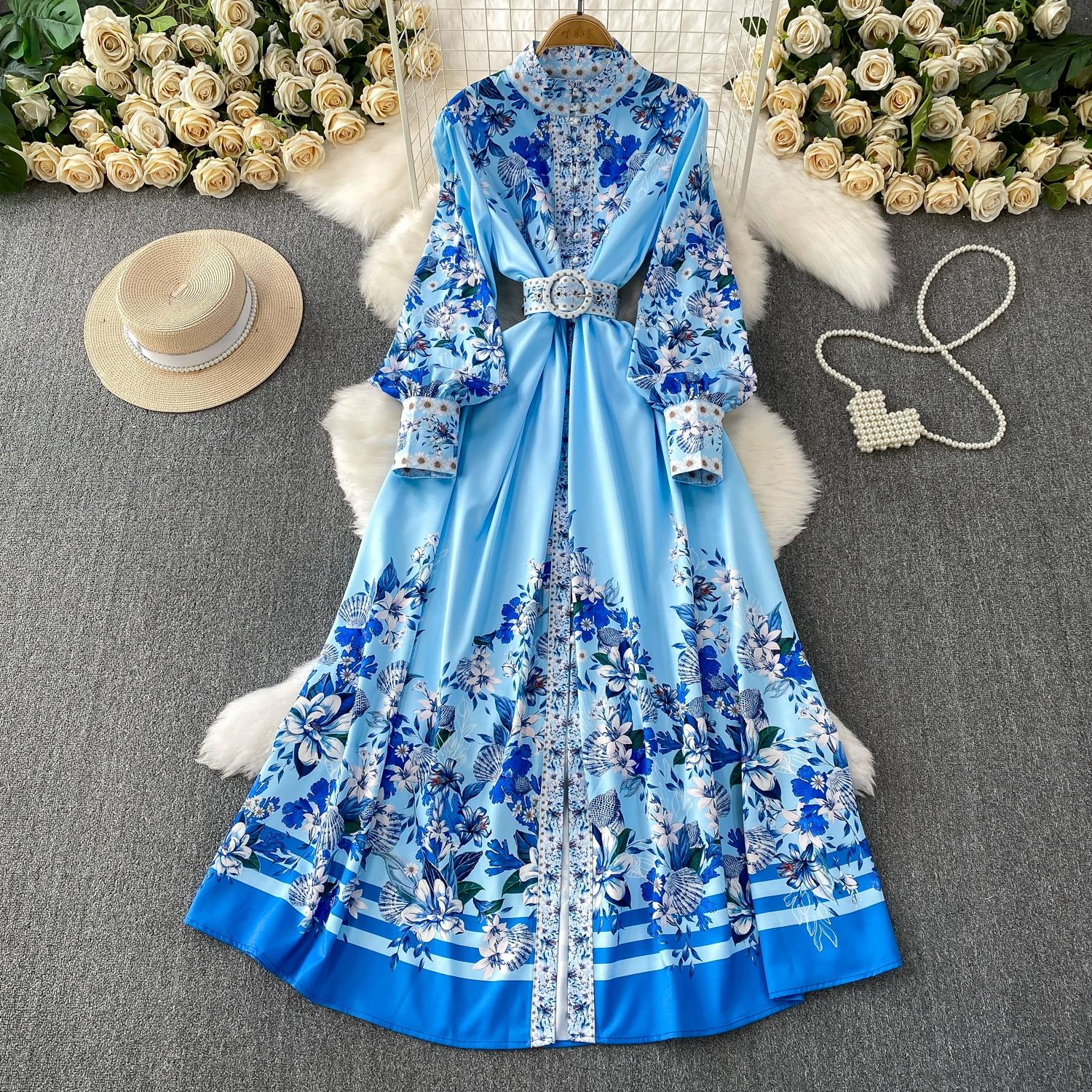 

Весна Осень Женские Винтажные Платья с Принтом для Подиума Стойка Полный Рукав Однобортное Длинное Макси Праздничное Платье для Вечеринки с Поясом XXL синий