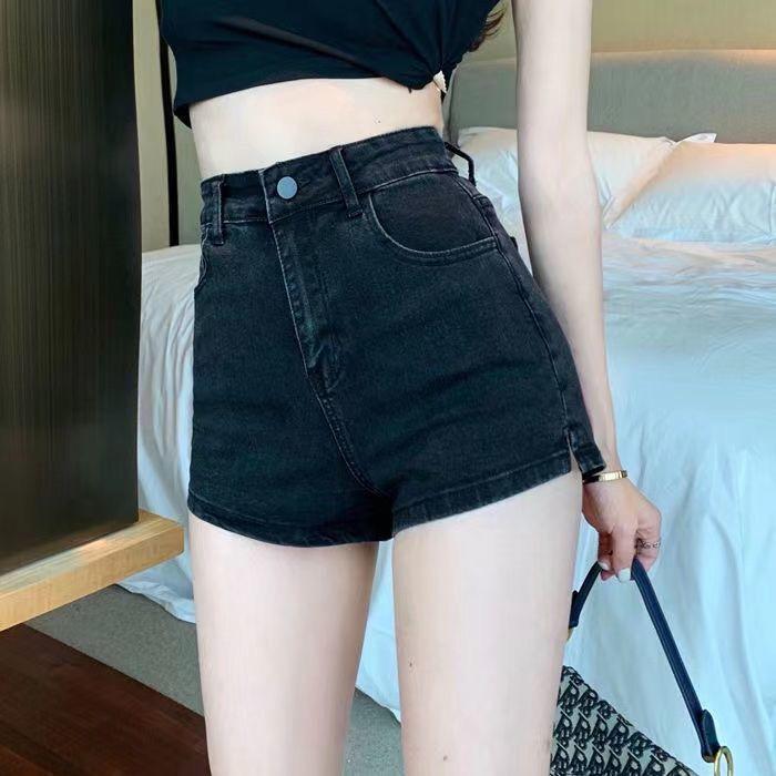 

High Waist Light Blue Denim Shorts: Women s Korean Style Slit, Elastic, All-Match, Slimming Wide-Leg Summer Hot Pants. XS чорний