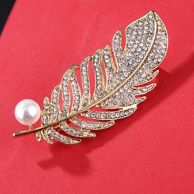 Feather Leaf Shaped Brooch Pearl Pin Badge Bag Decor Wedding Jewelry