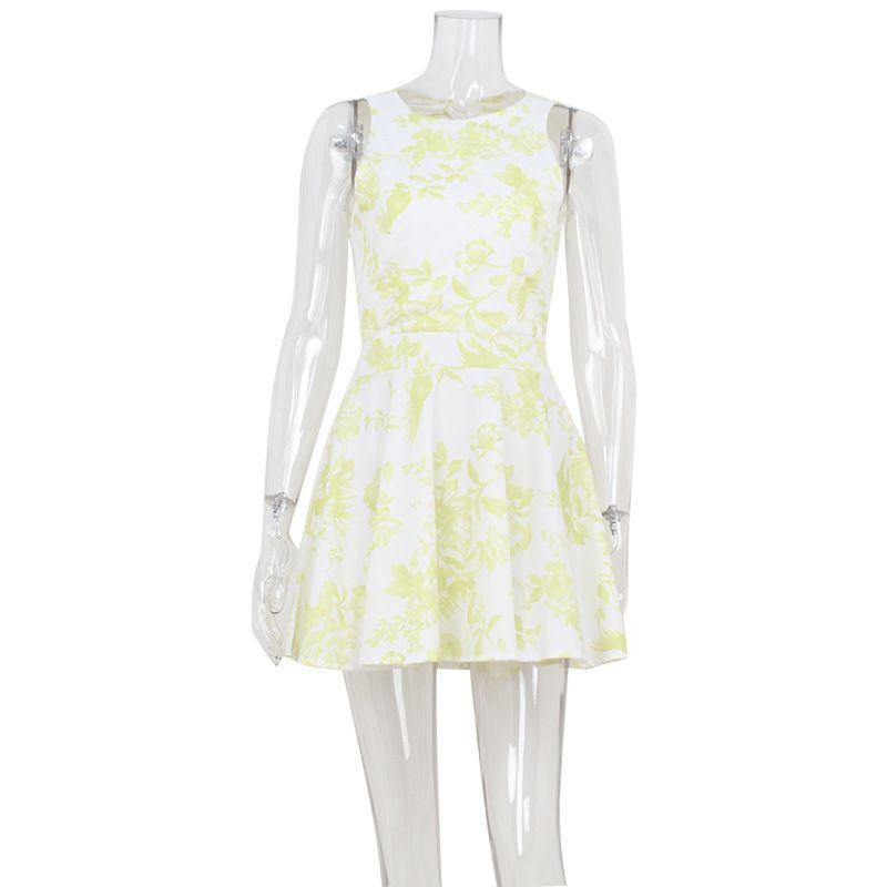 Niche Design Cross-Border New Arrival Women's Clothing Sleeveless Printed Open Back Shoelace Sexy French Style Elegance Slim Looking Dress