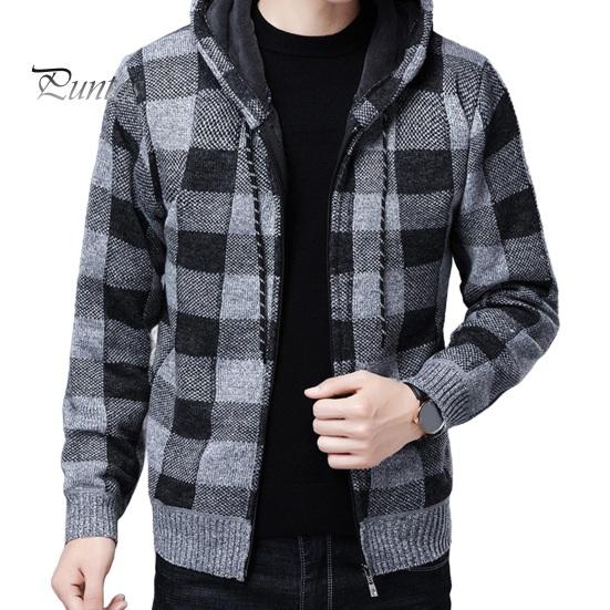 

Мужской зимний кардиган с контрастным клетчатым принтом, капюшоном, завязками на шнурке, средней длины, утолщенная трикотажная куртка с длинными рукавами, застежка-молния M серый