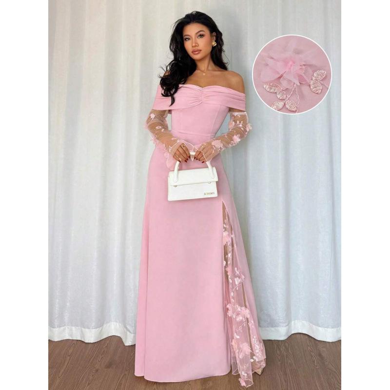 European and American one-word shoulder spell long-sleeved dress women's 2026 summer new fashion temperament skirt